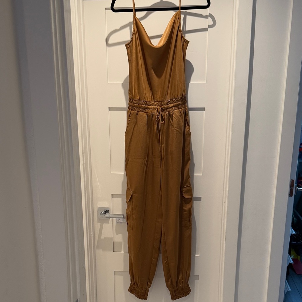 Spaghetti strap Drawcord Cargo Satin Jumpsuit in Camel Brown